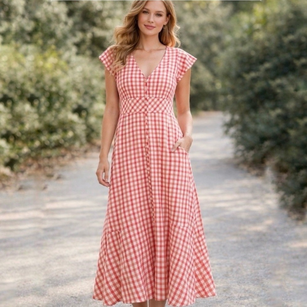 Loft Red White Gingham Button Front Flutter Sleeve Tiered Midi Dress 12